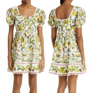 FARM RIO Fruit Orchard Mini Dress Puff Sleeves Coquette Beaded Tassels Sz Small